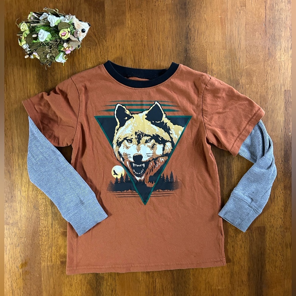 Boys Wolf Graphic Layered Long Sleeve Tee – Size 5/6 | Brown & Gray